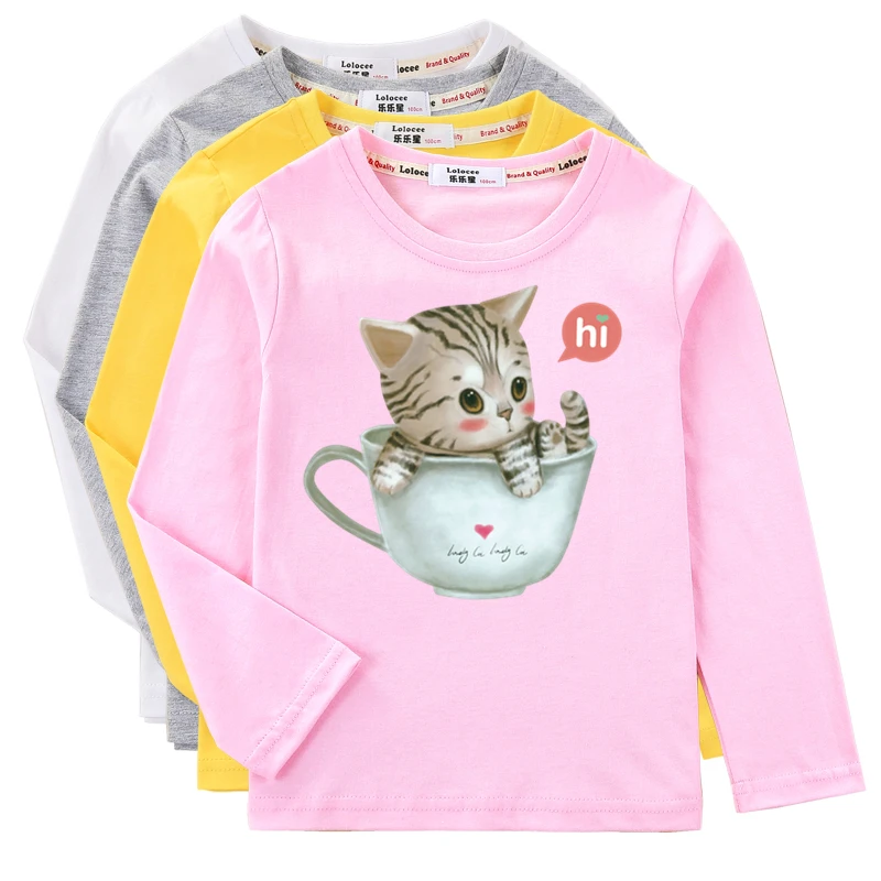 Aimi Lakana Kids Kitty Animal T-Shirt Girls Long Sleeve Tops Cute Cat Clothes Spring Autumn Cotton Tees 3T-14T