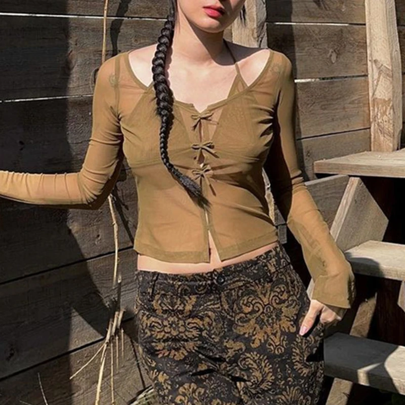 

Women Shirt Tops Solid Color Fashion Y2K Low Cut Long Sleeve Sheer Mesh See Through Halter Cardigan Women Blouse