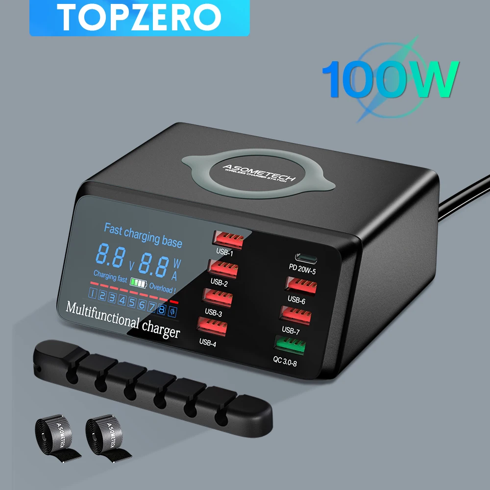 Зарядное устройство с 8 USB-портами, 100 Вт, адаптер для быстрой зарядки 3,0, беспроводное зарядное устройство, зарядная станция для Samsung PD, быстрое зарядное устройство для iPhone12