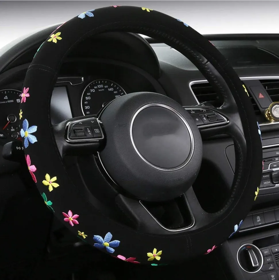

Cute Embroidered Car Steering Wheel Cover Butterfly Steering Cover Wrap Protective Cover For Most Cars With 38cm Steering Wheel.
