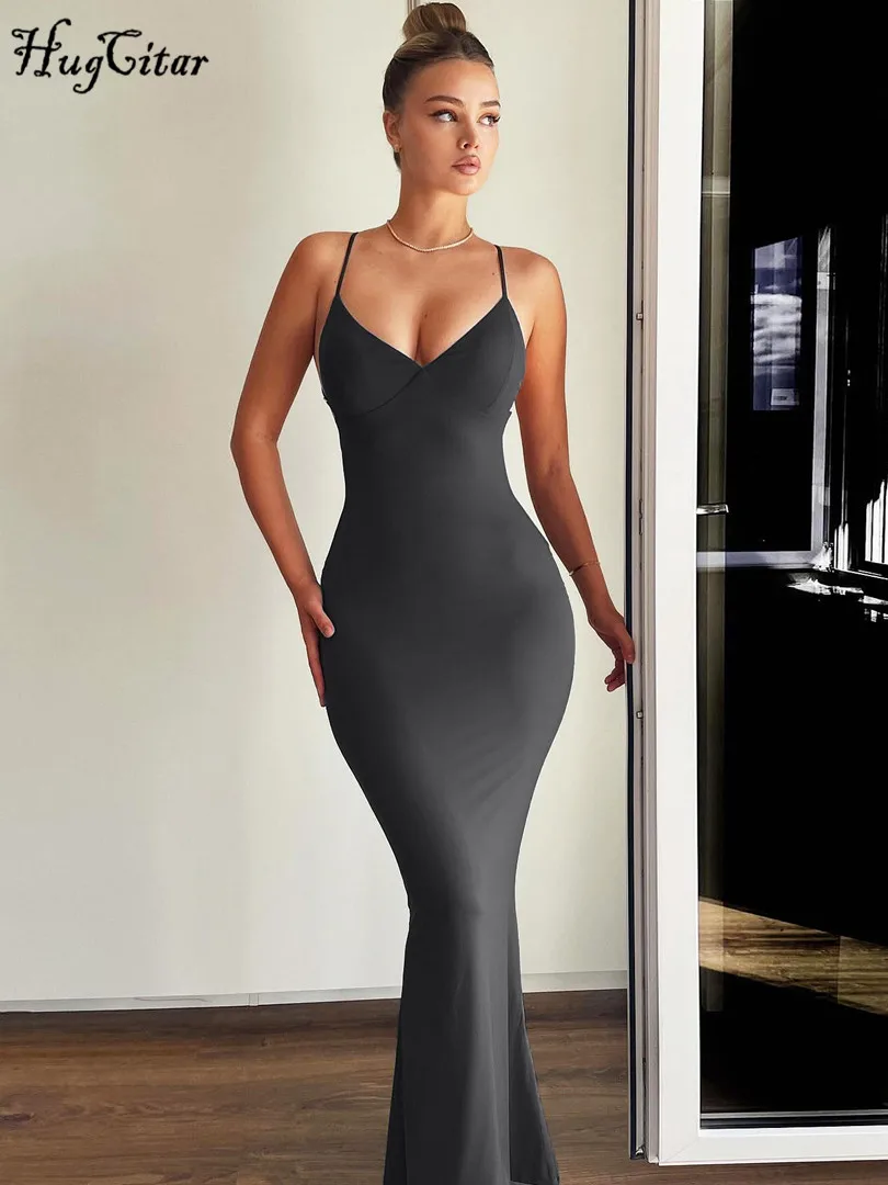 Однотонное летнее платье Hugcitar 2024 с открытой спиной облегающее повседневное