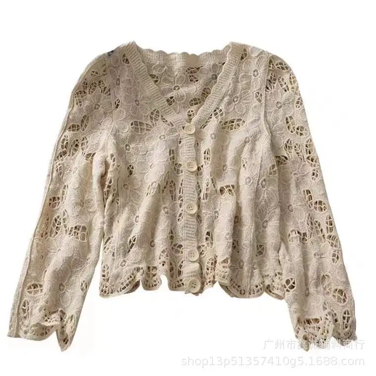 Элегантный вязаный топ с полыми крючками во французском стиле женский свободный