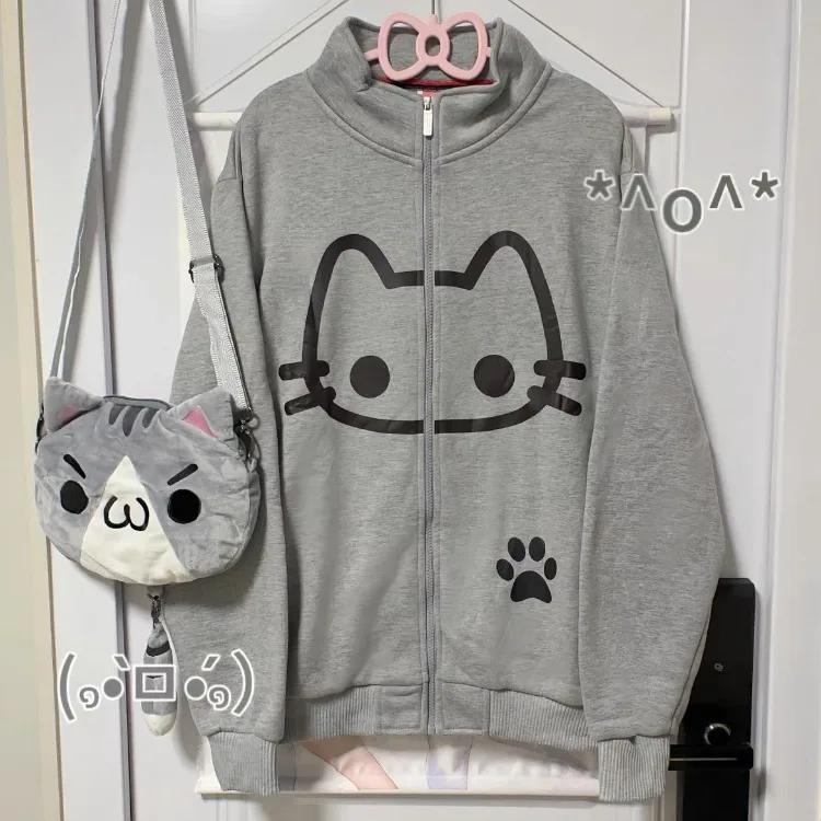 Harajuku Sweet Cute Cat Серые куртки с воротником-стойкой 2024 Осенний кардиган Пальто