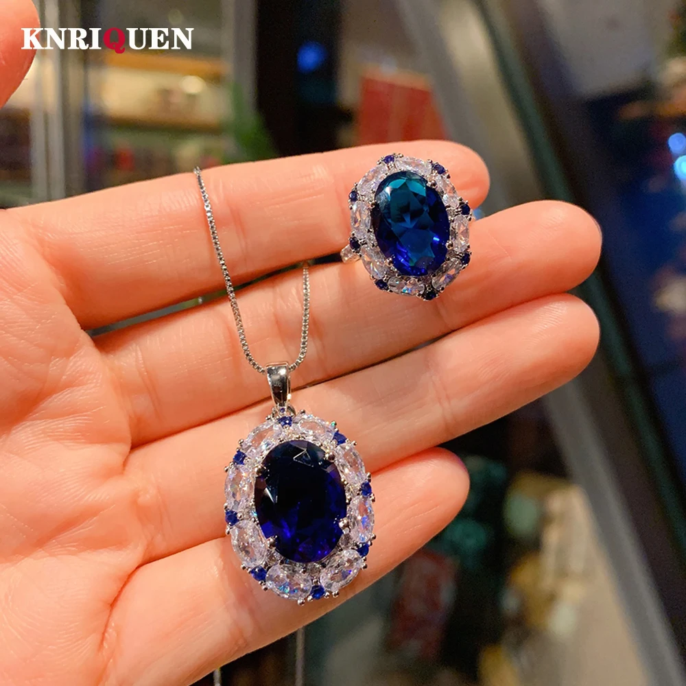 

Charms 10*14mm Sapphire Gemstone Pendant Necklace Women's Rings High Carbon Diamond Wedding Party Jewelry Set Gift Accessories