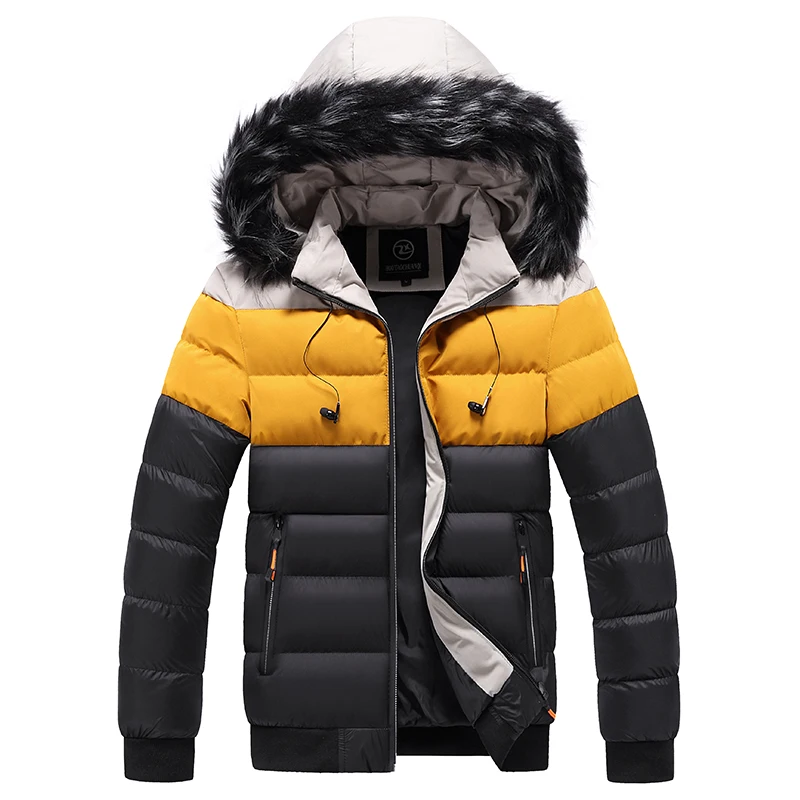 New Parka Jackets Fur Collar Men Autumn Winter Mens Warm Thick Outwear Coats Solid Splice Casual Hooded Windbreak Jacket Fitness