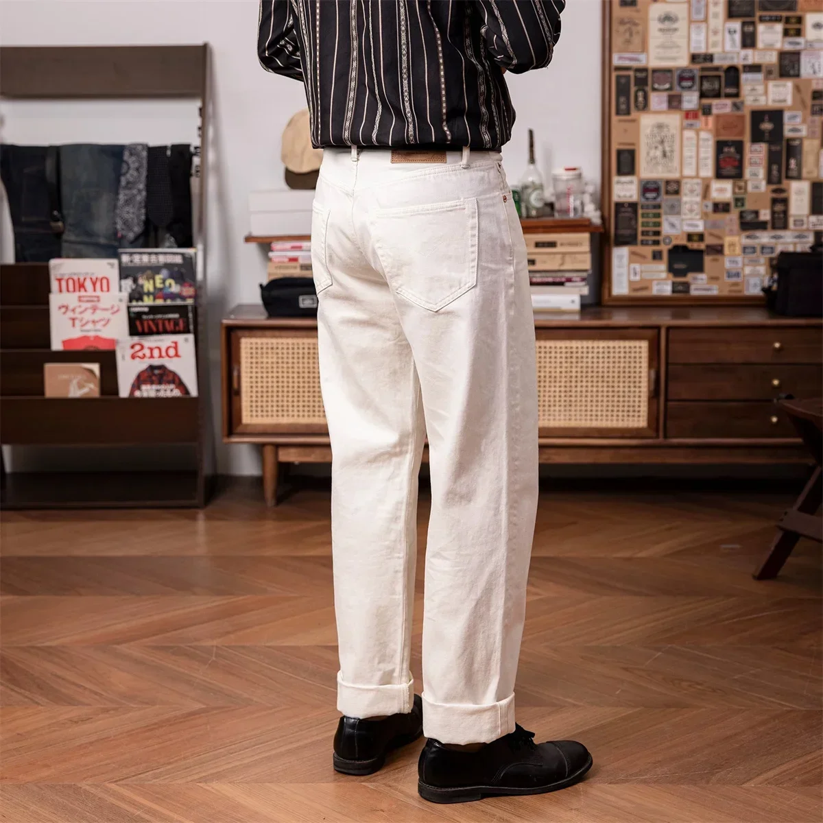 Красный Торнадо 55501 Белые свободные прямые мужские джинсы Прочный стиль 14 унций