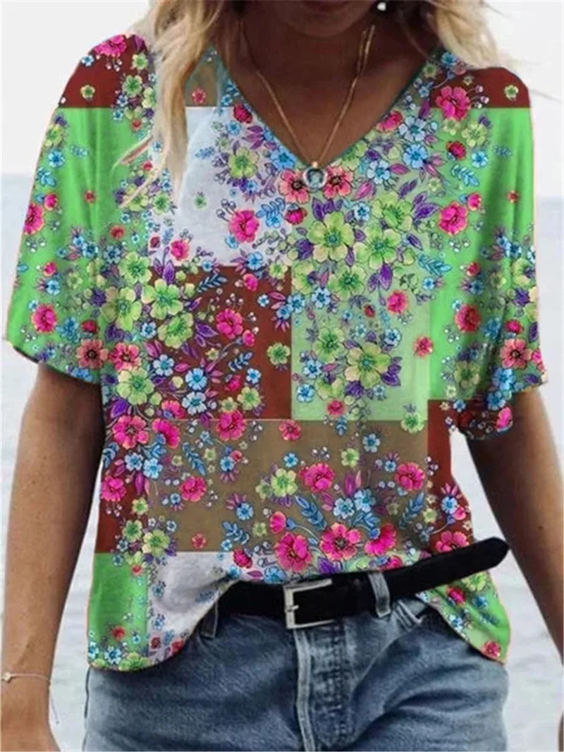 

Fashion Streetwear Women Beach Casual T-Shirts Short Sleeve Summer Flower Print Top V-Neck Oversized Loose Tee