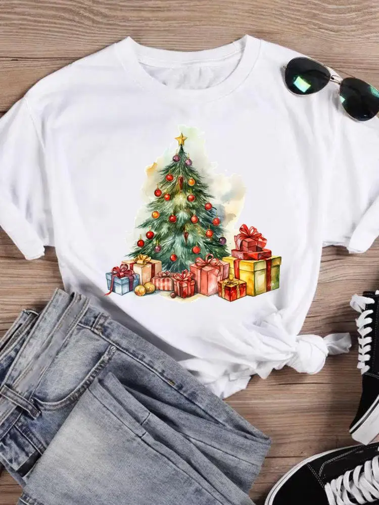 Женская футболка с акварельным принтом надписью Merry Christmas