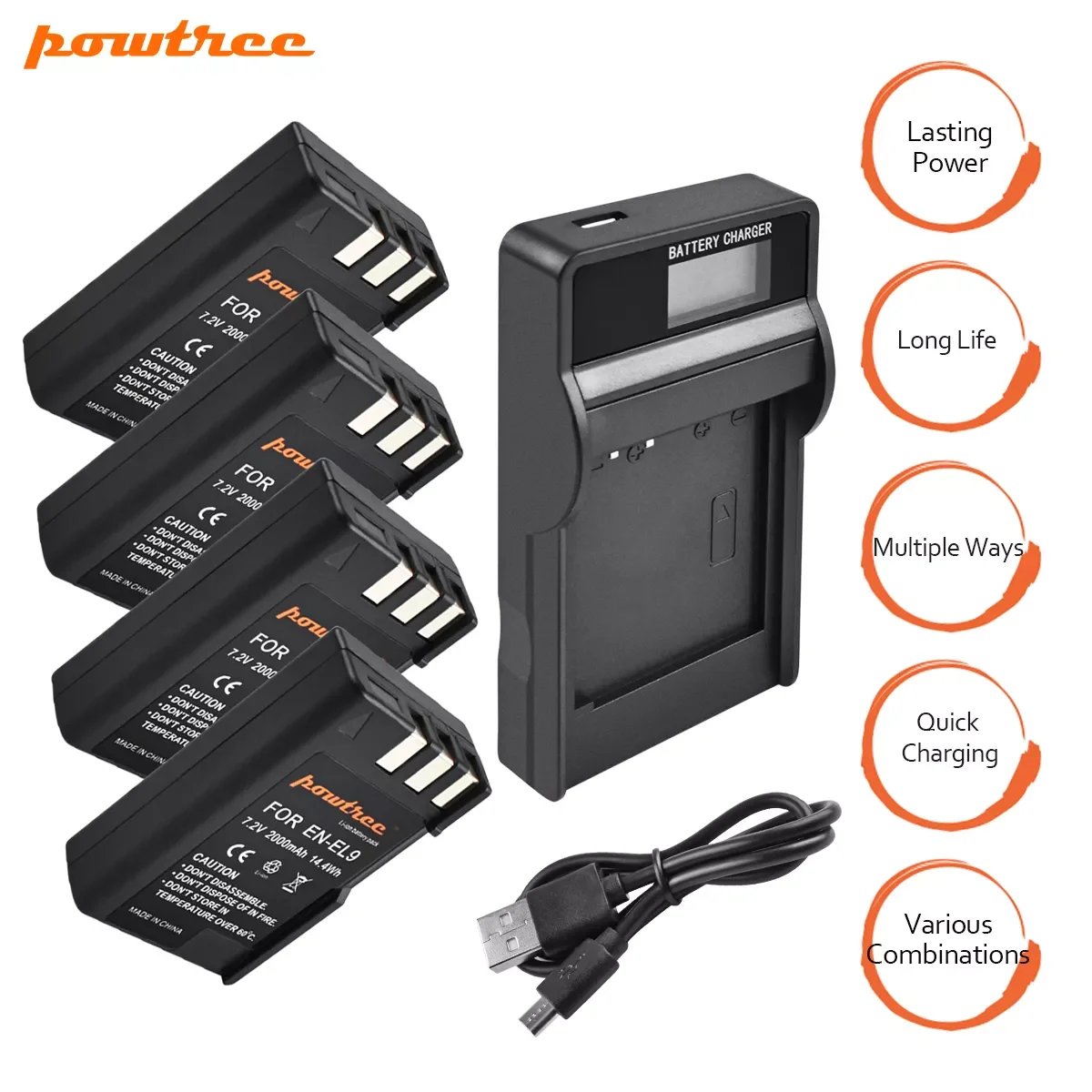 

Powtree 2000mAh 7.2V EN-EL9 EN-EL9A EN EL9 EL9A ENEL9 Batteries + LED Charger for Nikon D40 D40X D60 D3000 D5000 Digital Camera