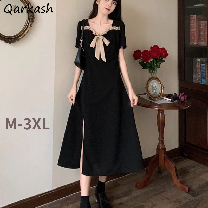 

Dress Women A-line Summer Bow Design Side-slit Maxi Retro College Elegant Leisure Harajuku M-3XL Simple Trendy Ladies All-match