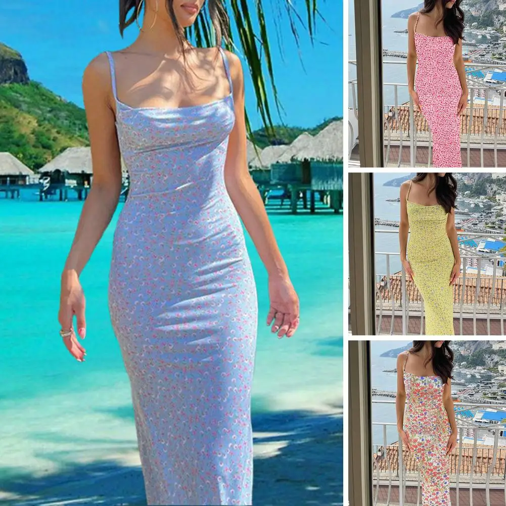 

Women Summer Flower Print Sling Long Dress Sexy Backless Sleeveless Party Slip Sundresses Casual Party Club Vacation Sundress
