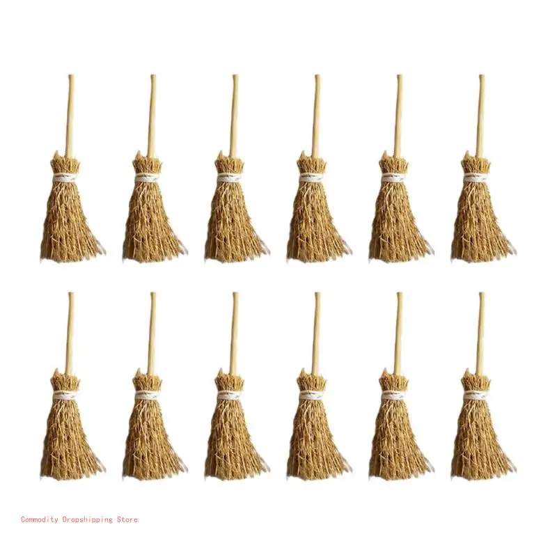 

12Pcs Miniature Artificial Mini Straw Broom with Rope Halloween Hanging Decoration Toys DIY Dollhouse Witches Accessories Party