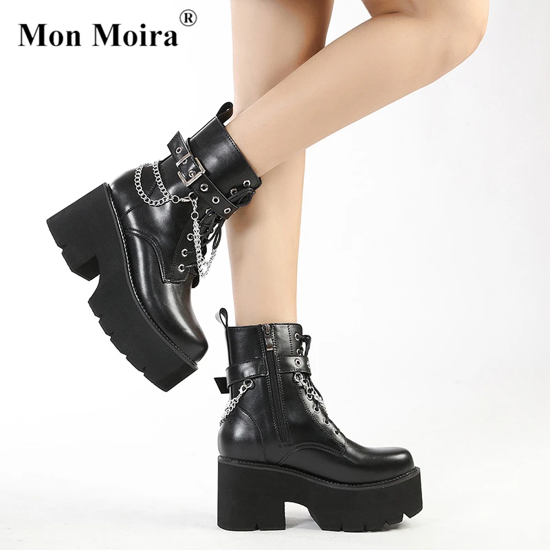 MONMOIRA Chunky Platform Metal Chain Goth Ankle Boots Women 2022 Autumn Zipper Buckle Round Toe Thick Heel Ladies Shoes