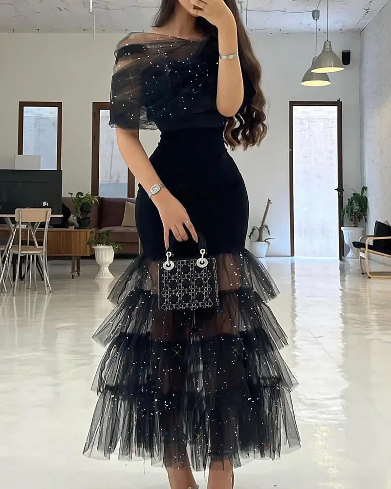 

Sexy Summer 2023 Women Glitter Layered Sheer Mesh Skinny Glamorous Party Evening Dress Wedding Guests Prom Celebrity Dress