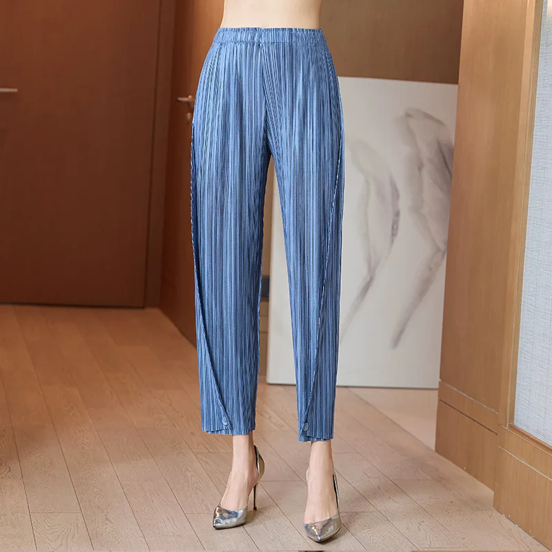 Pants Women High Waist  2022 New Solid Color Stretch Loose Miyake Pleated Casual Pants Ankle Length For Female 45-75KG