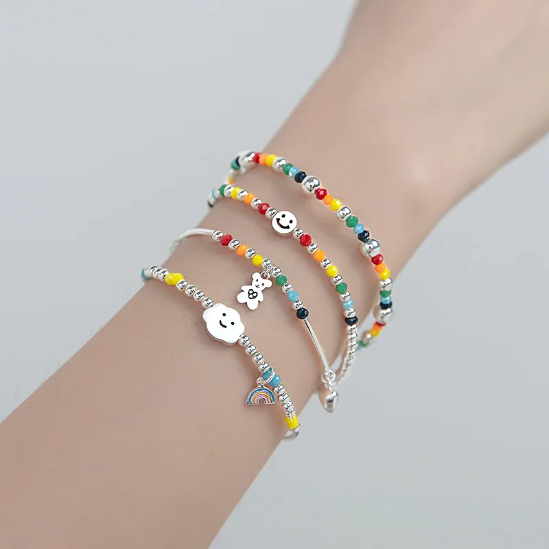 

Korea Fashion Colorful Cloud Bear Smile Face Rainbow Silver Bead Bracelet For Women Girls Vintage Bracelet Party Jewelry Gift