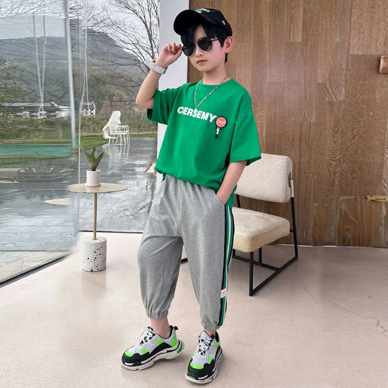 

2023 summer New Boys Clothes Sets Short Sleeve Sweatshirt + Pants 2PCS Kids Clothing Children Outfits Teenage 6 8 10 12 14 Years