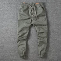 men cargo pants spring solid color drawstring joggers pants male casual vintage cropped straight trousers for daily wear