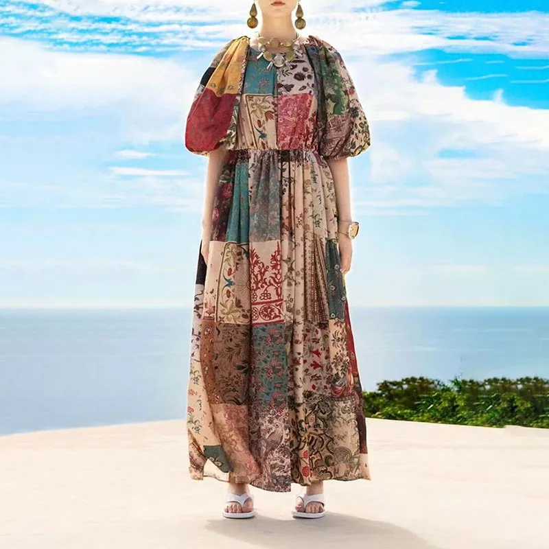 

Vintage Personality National Wind, Dress, 2022 Spring, Summer, New Round, Bubble, Sleeve, Loose Waist Long Dress