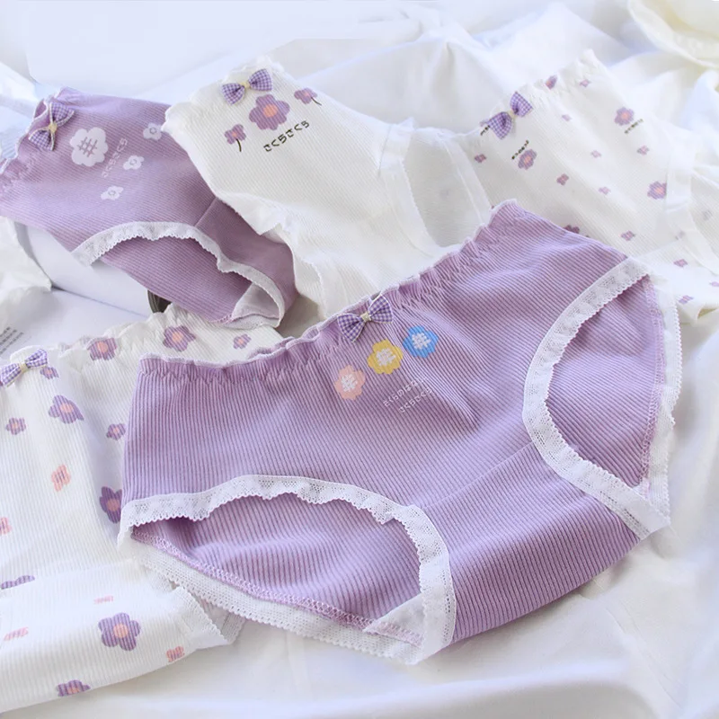 Купи Fashion Purple Panties Ruffles Soft Cotton Girl Underwear Cotton Comfortable Crotch Middle Waist Briefs Kawaii Lingerie за 163 рублей в магазине AliExpress