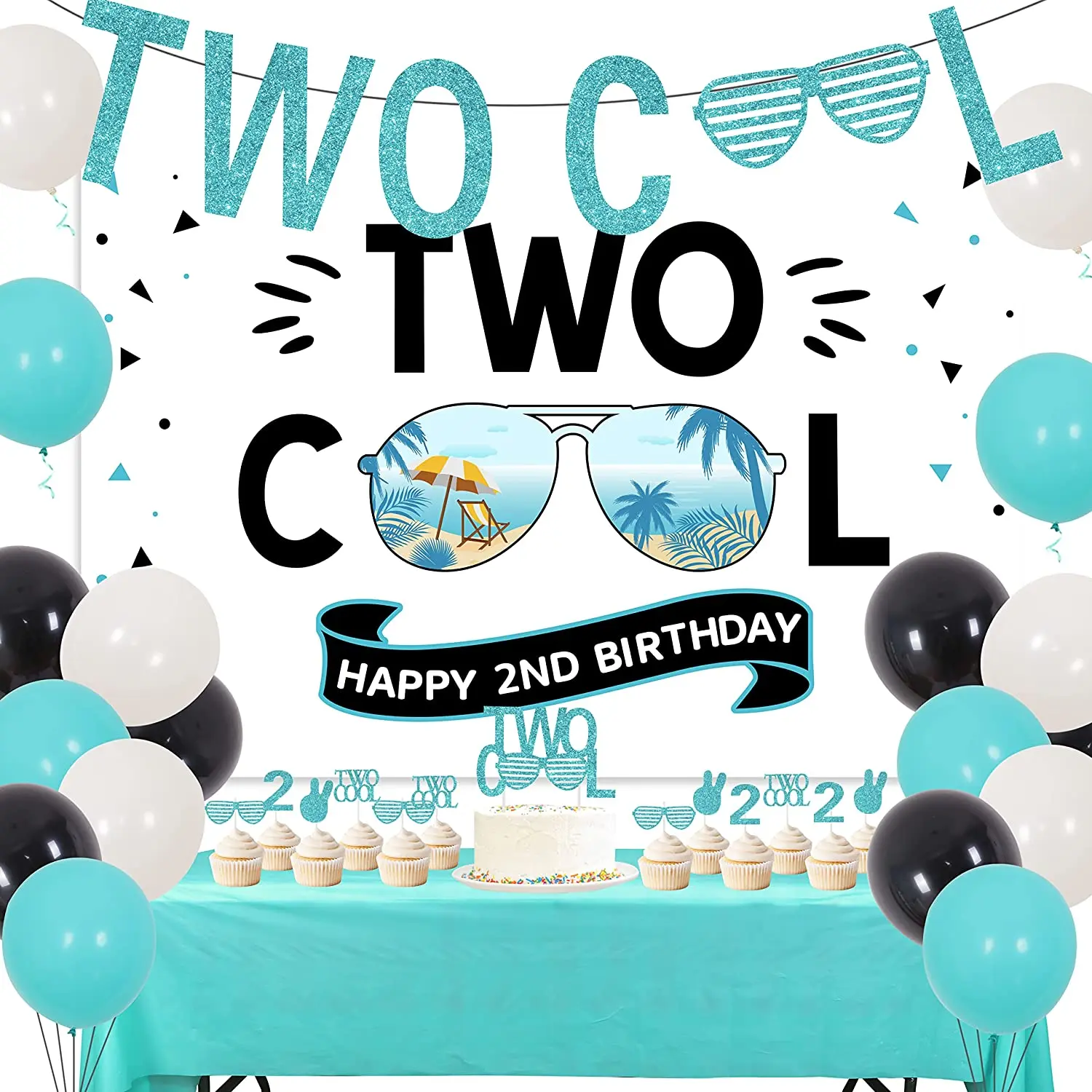 JOYMEMO Two Cool Birthday Party Decorations for Boys Happy 2nd Birthday Backdrop Two Cool Banner Glitter 2 Year Old Cake Topper