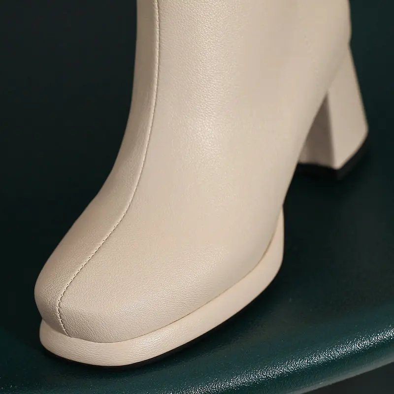 Concise Women Boots Leather 2023 Four Seasons Ankle Booties Chunky High Heels Zipper Platform Shoes
