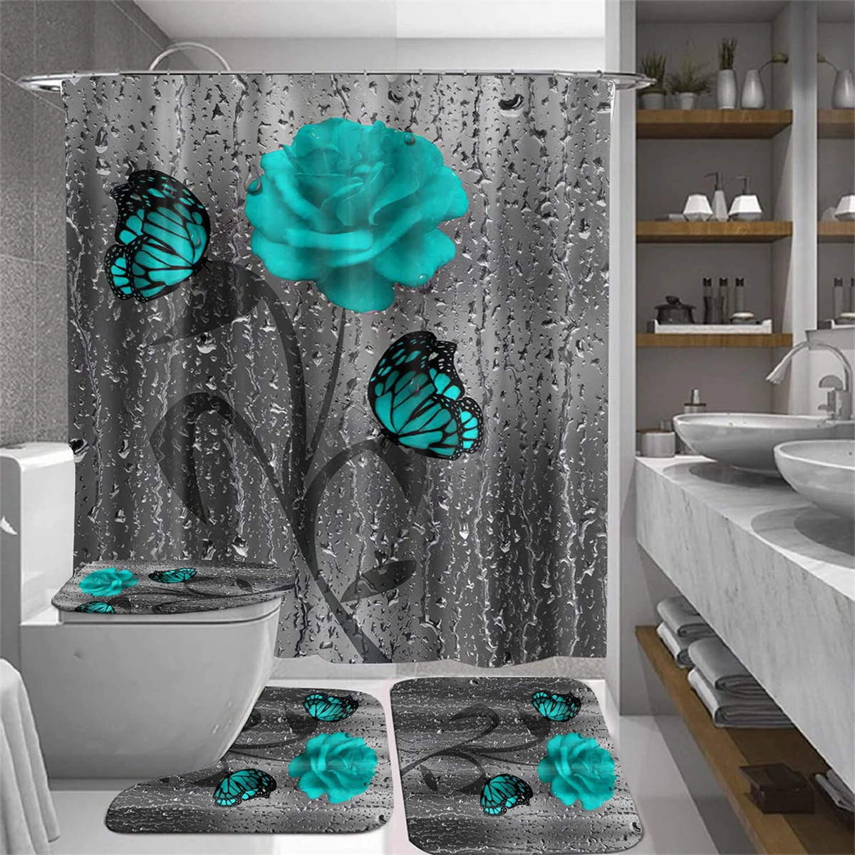 5 Colors Rose Print Shower Curtain Waterproof Bathroom Curtain Mats Rugs Set Anti-slip Bath Carpets Toilet Lid Cover Floor Mats