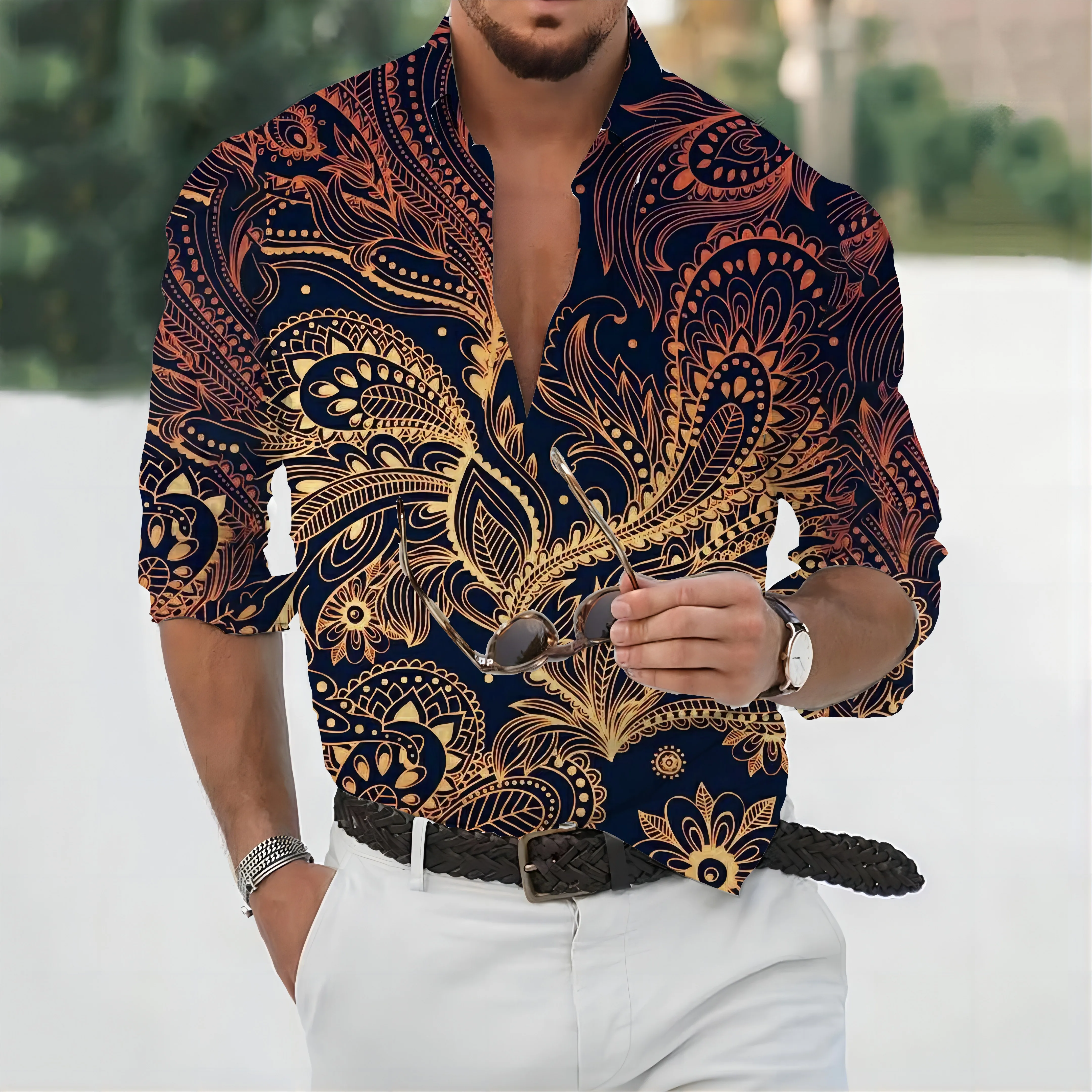

Personality Shirt Hawaiian Men's 3D Digital Printing Sequin Metal European and American Style Men's T-Shirt Hip Hop Rock
