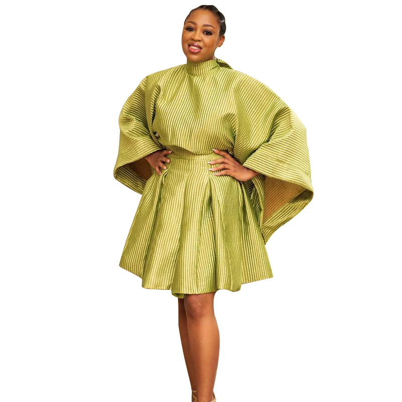 

African Dresses For Women Traditional Batwing Sleeve Africa Kanga Clothing Fashion New Striped Print Pleated African Short Dress