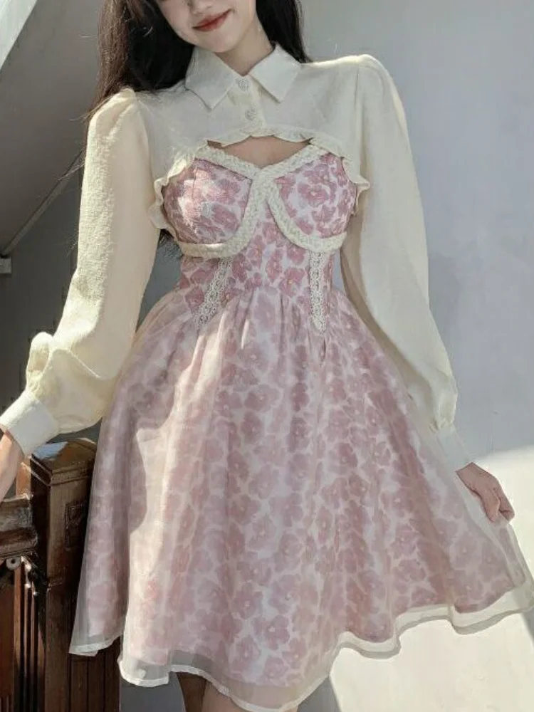 

Женское мини-платье с цветочным принтом, кружевное платье на бретелях в Корейском стиле, модель Y2k на весну 2022 года