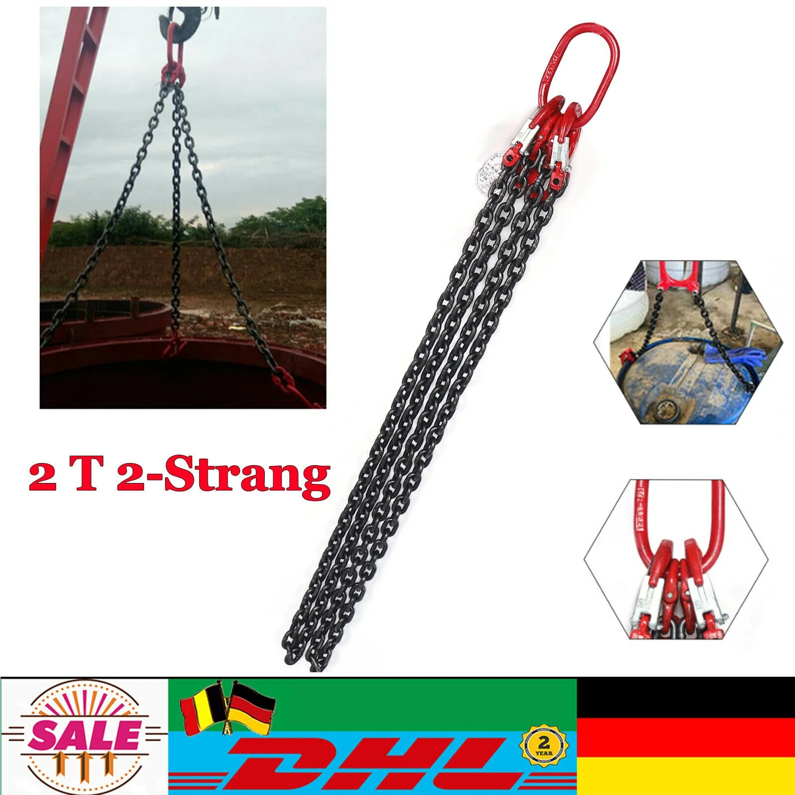 

2T Chain Sling New 2 Strand 8mm 2m Crane Lifting Tools Chain Hanger