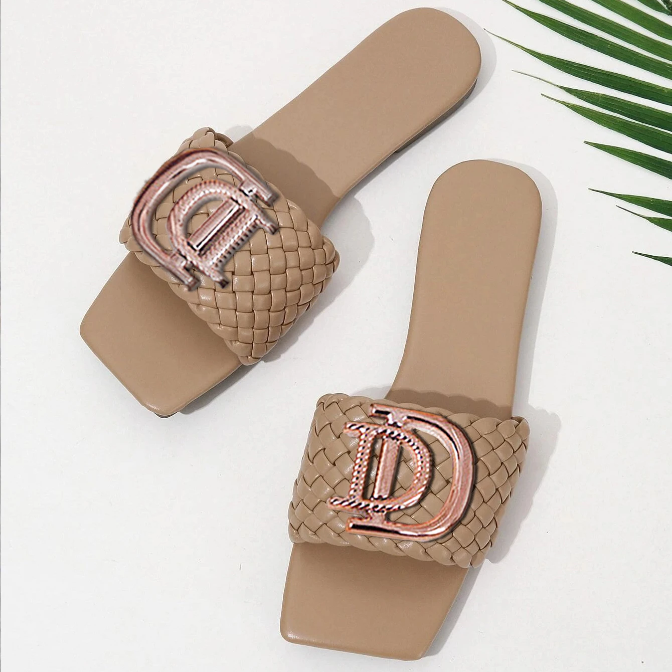 Women Luxury Decor Temperament Flat Sandals Weave Charm Design Open-toe Vacation Casual Slides Party Elegant Office-Ladies Shoes