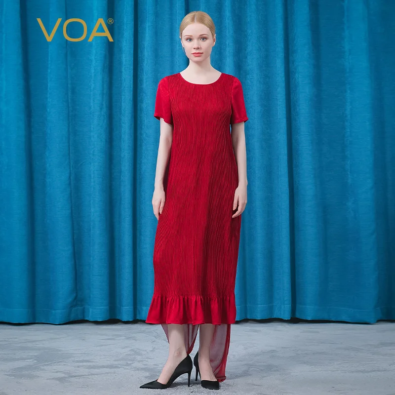 

VOA Silk Jacquard Sunset Red Prom Dress O-Neck Short Sleeve Three-dimensional Fold Bright Line Decorative Party Dresses AE893
