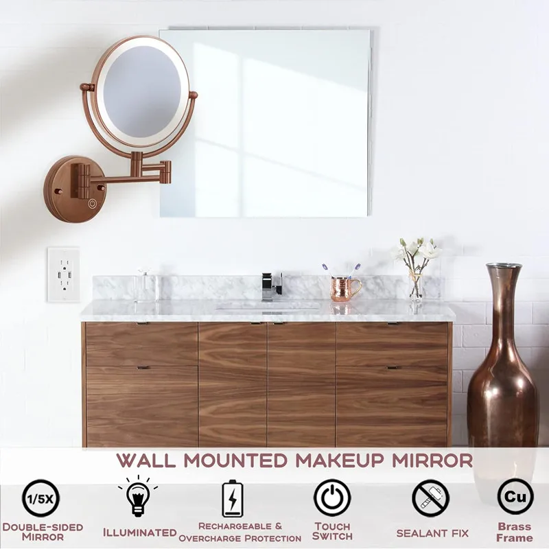 Розовое золото 8-дюймовые сенсорные зеркала для ванной комнаты двусторонние