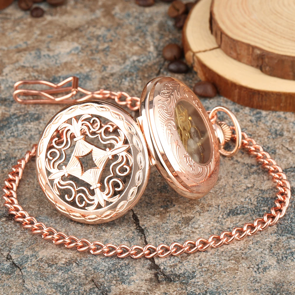 Trendy Rose Gold Manual Mechanical Pocket Chinese Knot Hollow Pattern Hand Winding Pocket Timepiece Vintage Fob Chain Man Clock
