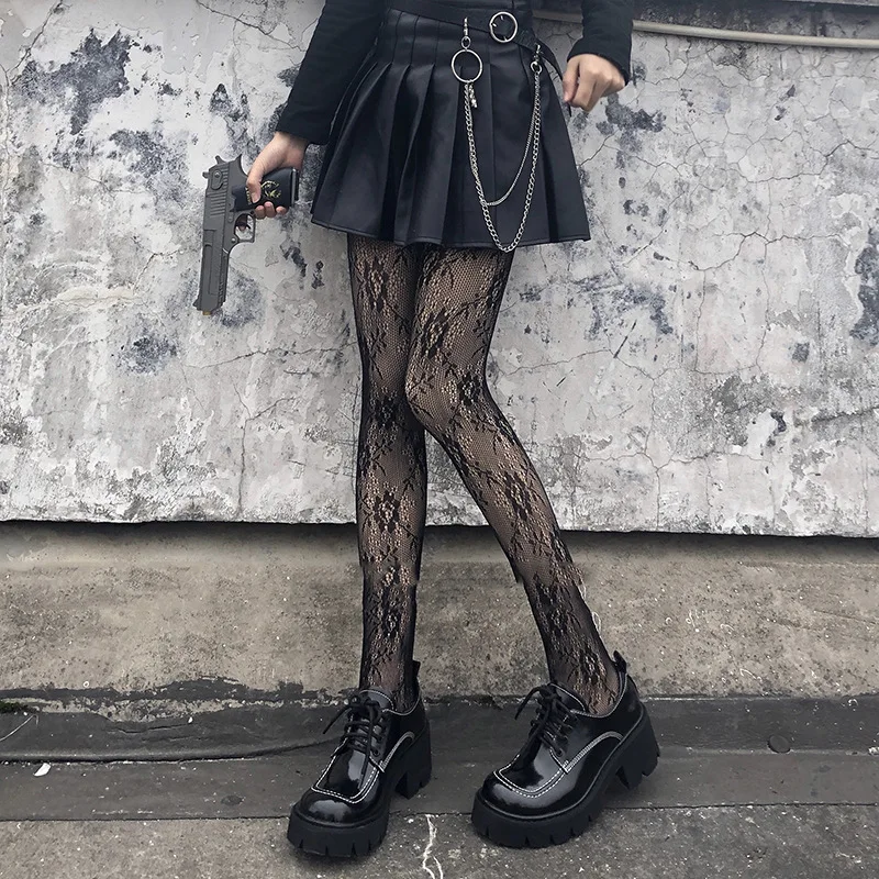 Women Gothic Tights Pantyhose Japanese Black Retro Rose Flower Vine Fishnet Lace Trousers Little Love Bottoming Stockings
