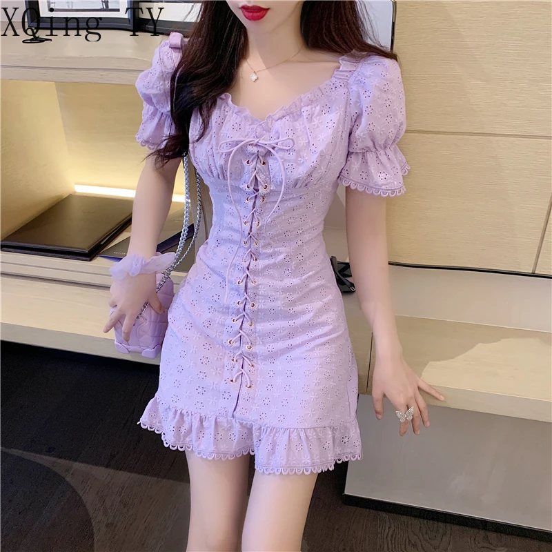 

French Style Retro Dress Female New Summer Sexy Jacquard Embroidery Waist Drawstring Slim Mini Dress Women Casual Vestidos