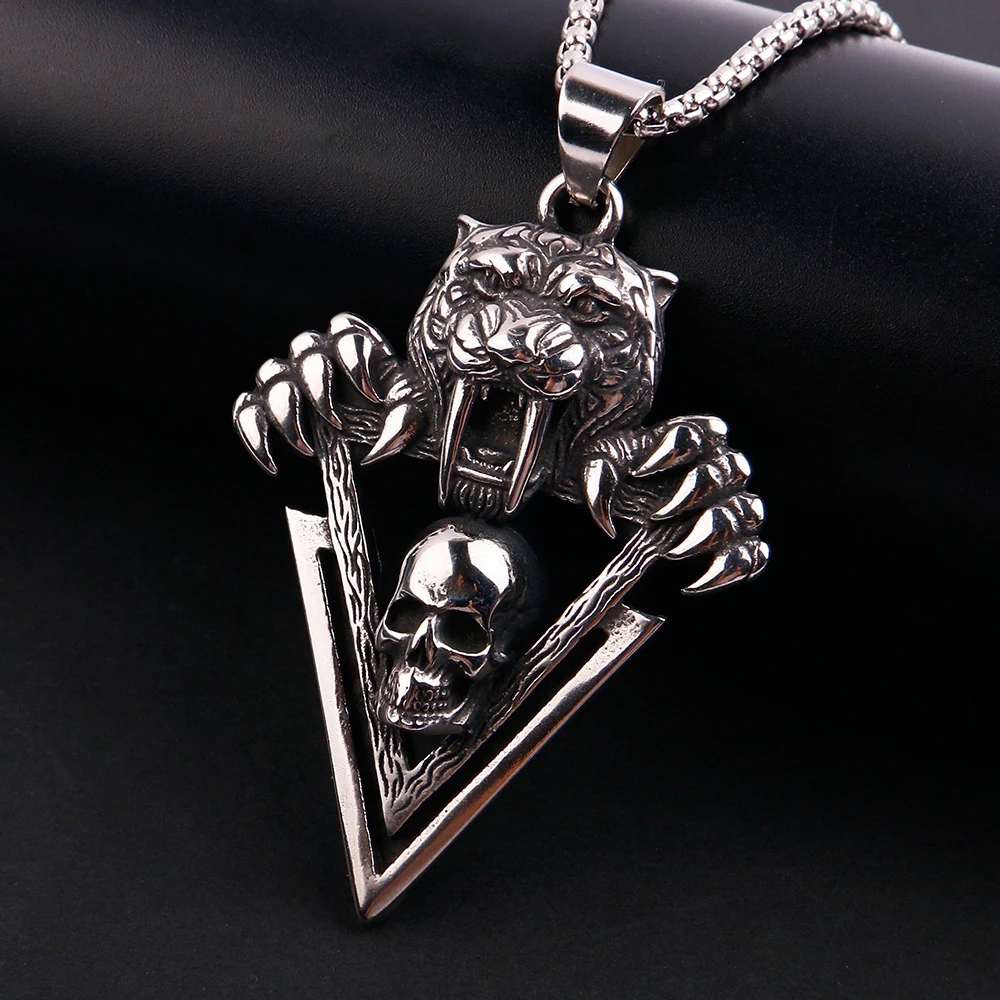 Retro Ferocious Saber Toothed Tiger Pendant Necklace Punk 316L Stainless Steel Biker Skull Necklace For Men Jewelry Wholesale