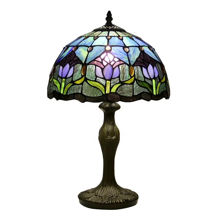 

LongHuiJing Tiffany Style Stained Glass Table Lamp Night Light with 12 inches Wide Tulip Flower Lampshade Metal Base