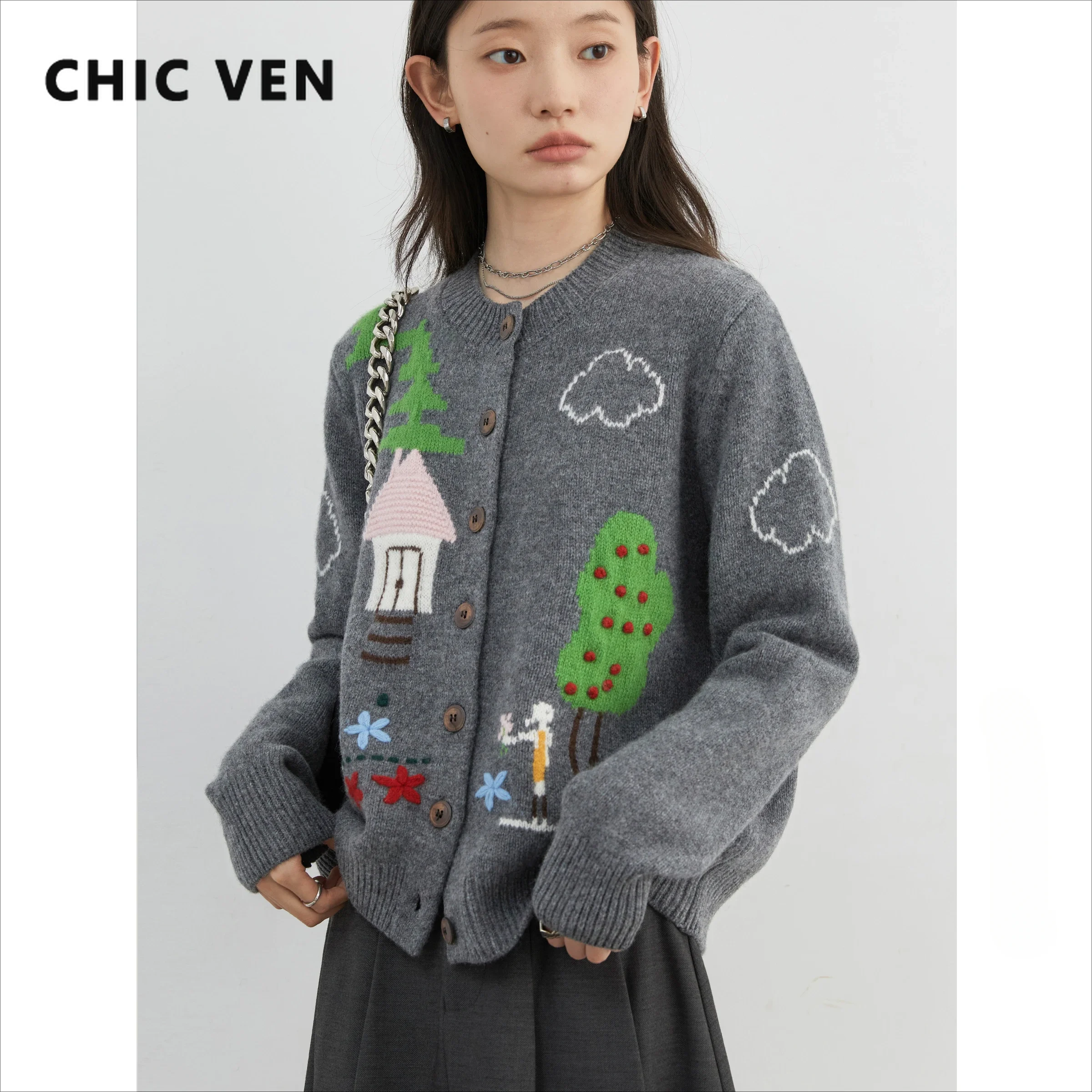 CHIC VEN женские свитера свободные тонкие новые вязаные кардиганы жаккардовые