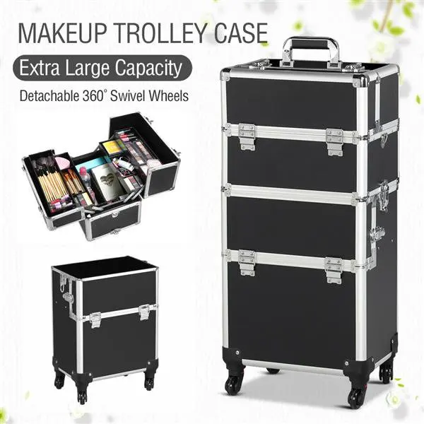 

4 360-degreed Wheels 3-in-1 Professional Aluminum Artist Rolling Trolley Makeup Train Case Cosmetic Organizer Makeup Case for Be