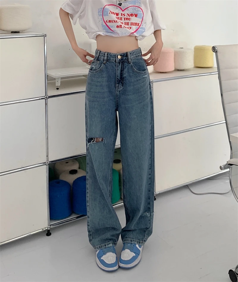 

N5293 New high waist loose casual retro slim straight irregular ripped jeans