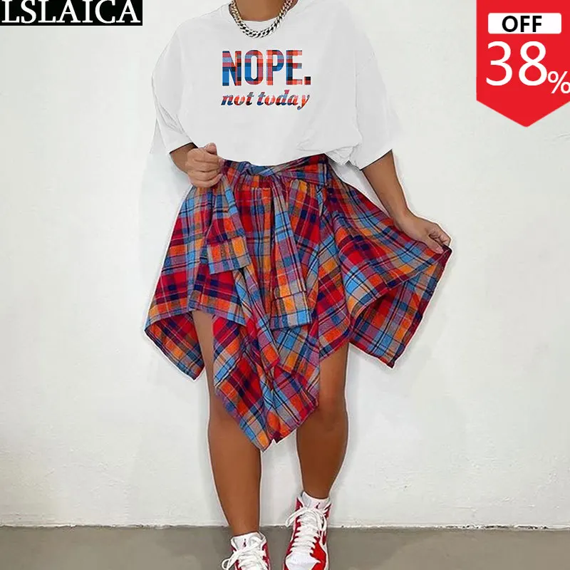 

Casual Sets Womens Outfits 2022 New Fashion Summer White Short Shirts Plaid Mini Skirts 2 Piece Sets Streetwear Suit Wholesale