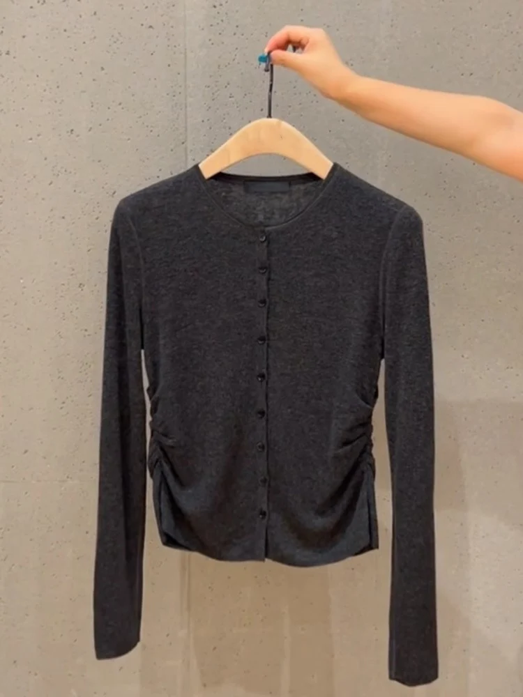 Korean Series Design Sense Chic Dark Gray Top Women Autumn and Winter High Long sleeve Base Knit cardigan Inner wear