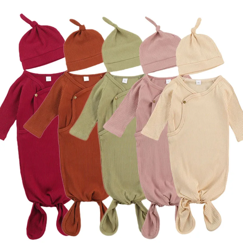 

Baby Sleeping Bags Spring Autumn Pajama Bag Solid Color Long Sleeve Cotton Sleepwear +Hat 2Pcs Sets New Born Baby Items 0-3M