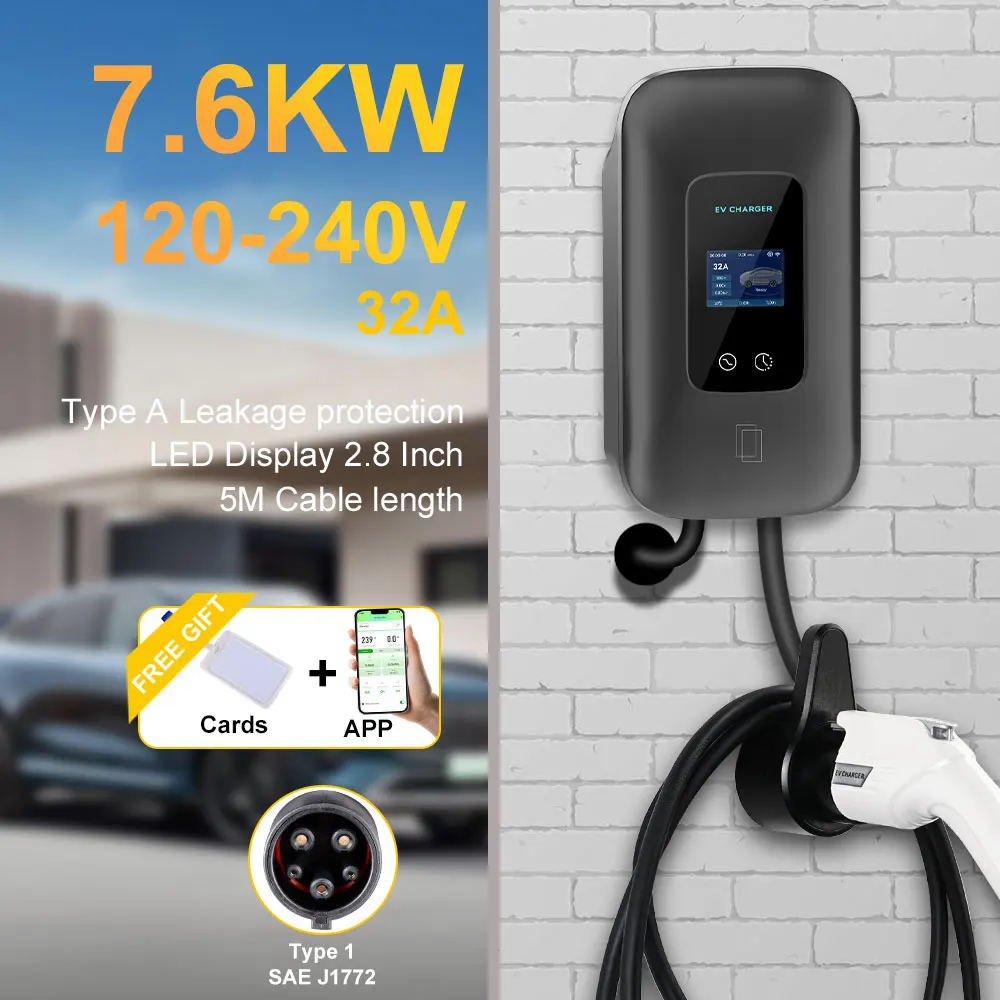 

ADPOW Type1 Зарядная станция для электромобилей WIFI APP Управление током Регулируемый кабель 5 м Зарядное устройство для электромобилей Wallbox с защитой от выключения питания EVSE