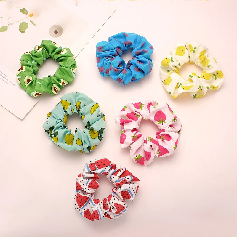 

2022 Summer Fruit Elastic Hair Bands Women Large Hair Scrunchies Heaswear Lemon Grapefruit Cherry Print Hair Rings Headdress