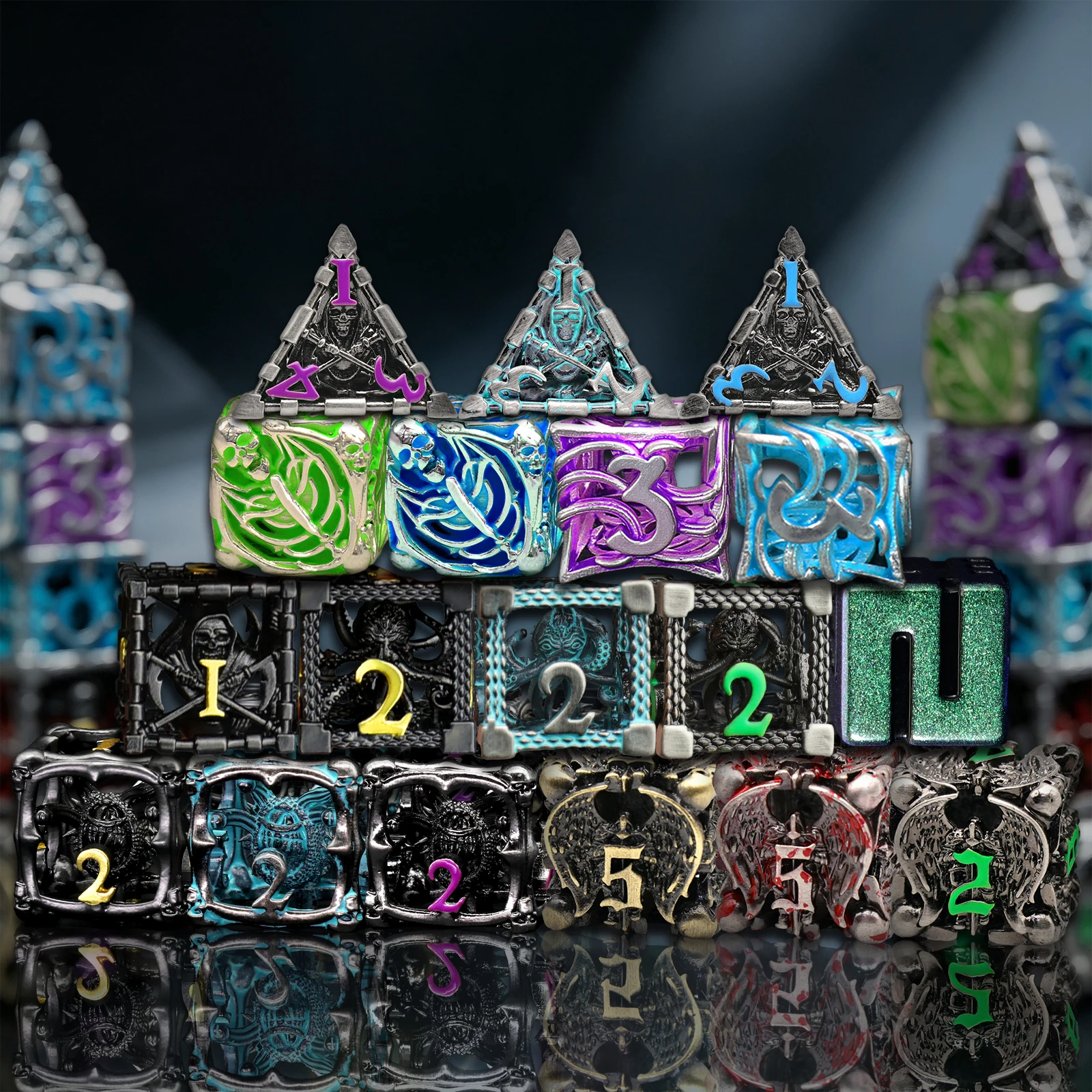 Фото Набор игральных костей Mystery Dice DND, 7 кубиков в подарочном футляре, металлические многогранные кубики для ролевой игры Dungeons and Dragons. №5