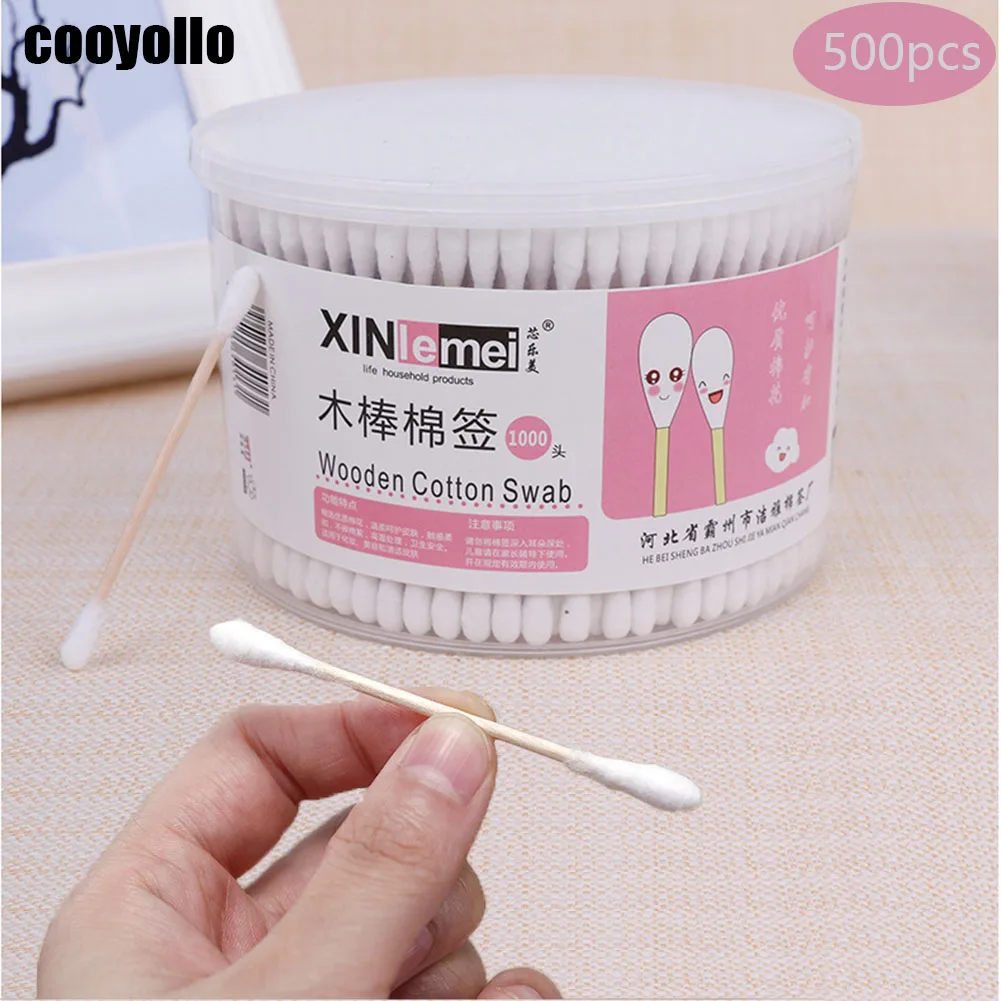 

500 шт., одноразовые деревянные ватные палочки с двумя головками для снятия макияжа