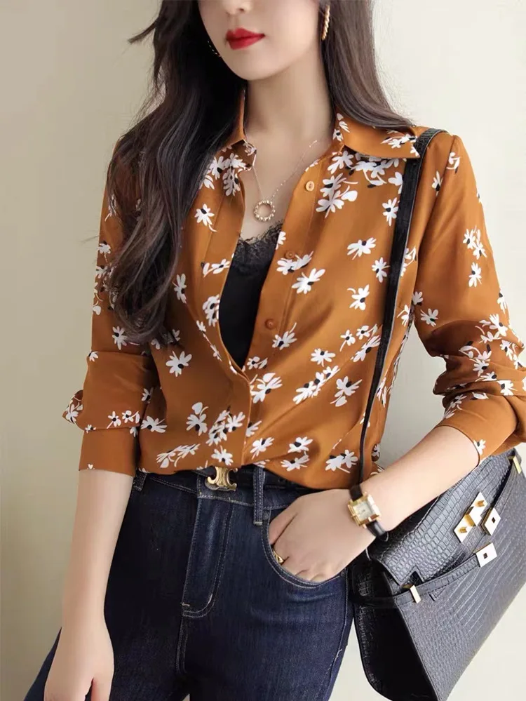 

Women 100% Silk Covered Buttons Blouse Turn-Down Collar Floral Print Shirts